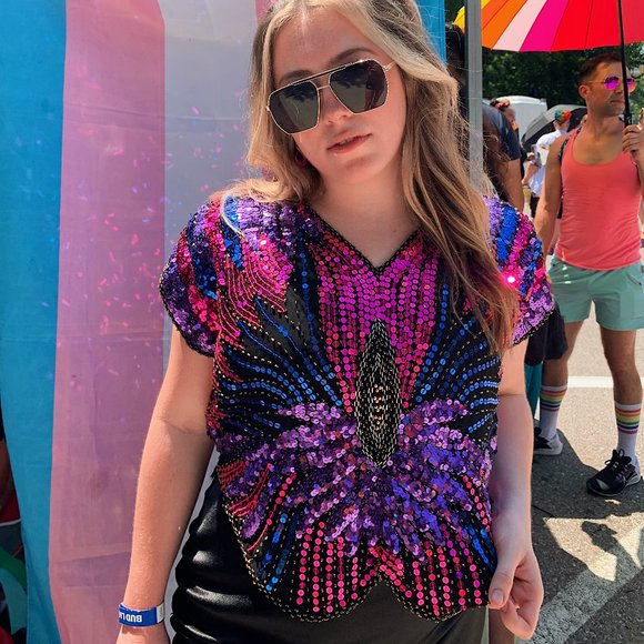 80's IRIS pink, blue and purple sequin top - Picture 1 of 4